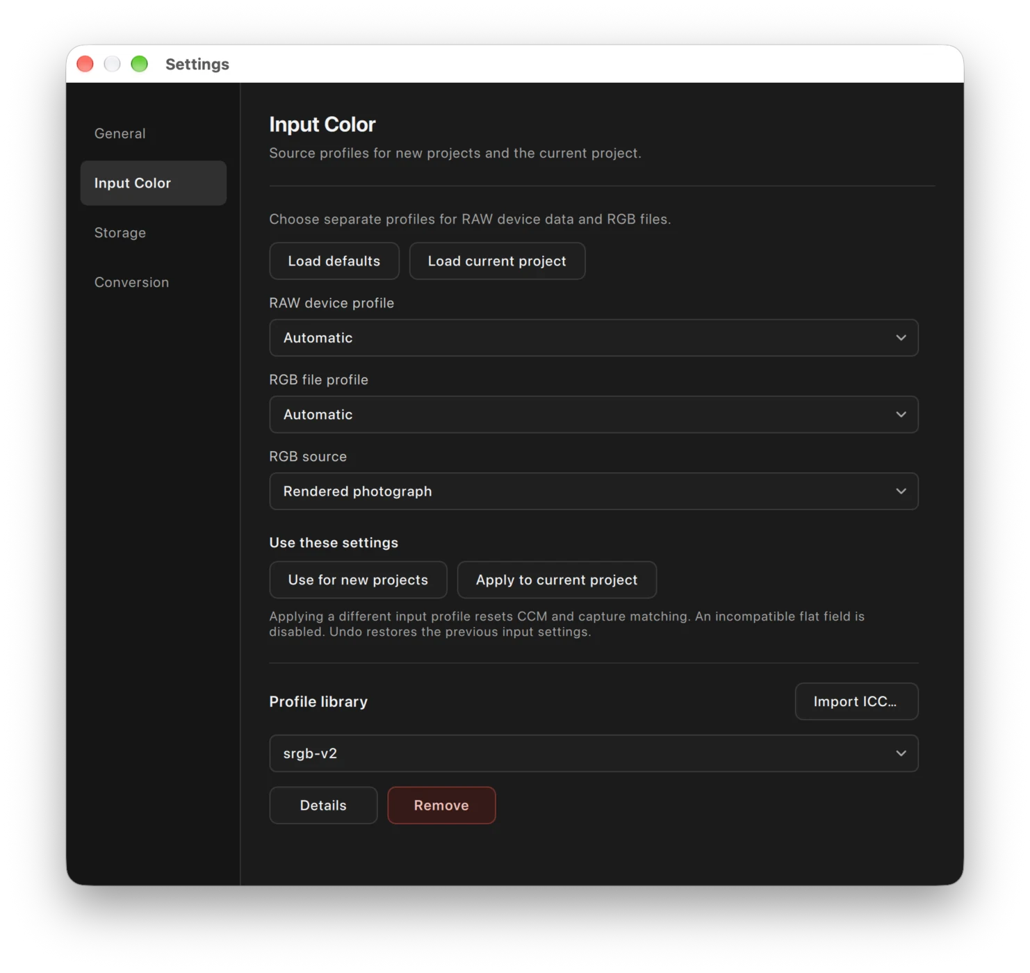 Open input settings for the project