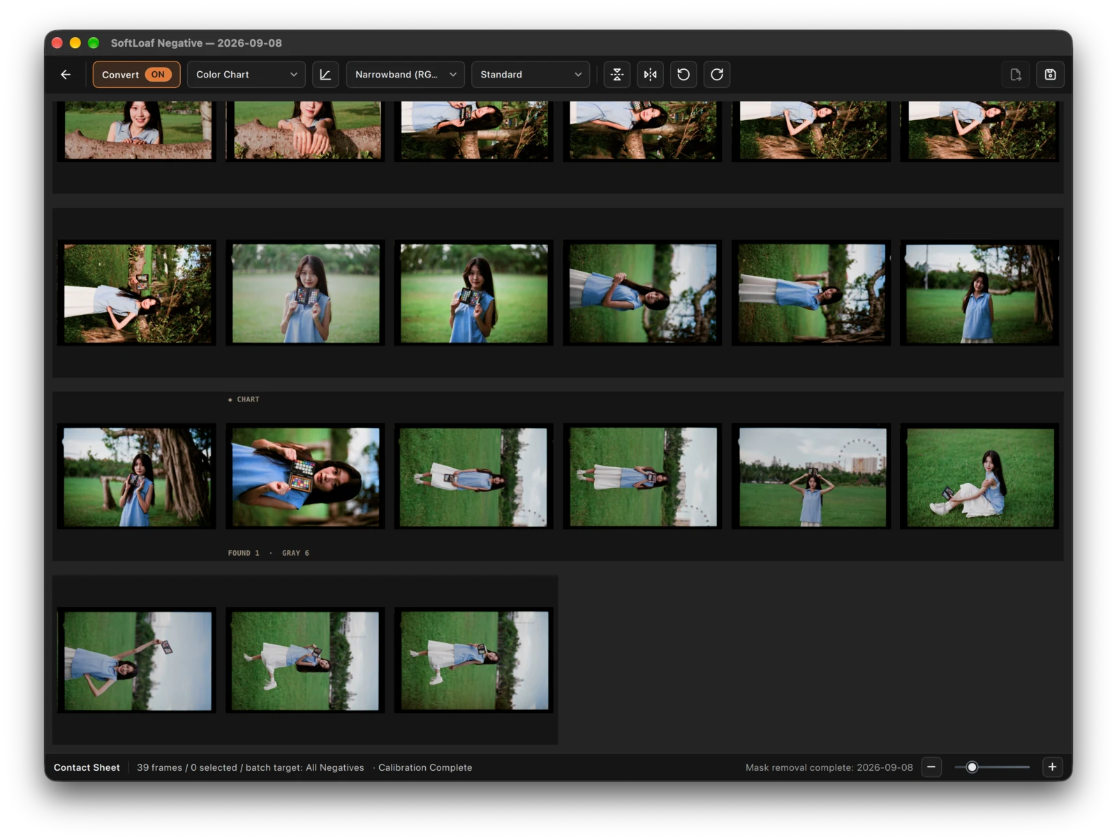 Per-frame AE on. The method remains Color Chart; this is not the Per-frame conversion algorithm.