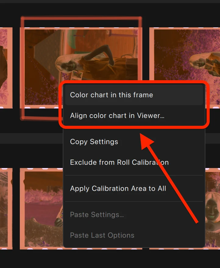 Right-click the chart photograph: Color chart in this frame marks it; Align color chart in Viewer enters manual alignment. These are different actions.