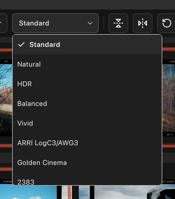 Example View menu with Standard selected. Opening the menu shows choices; selecting another item changes the viewing transform.