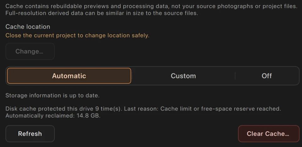 Change… is unavailable while a project is open as a safety measure. Automatic/Custom/Off are cache policies. Clear Cache… does not save your project or fix analysis areas or CCM.