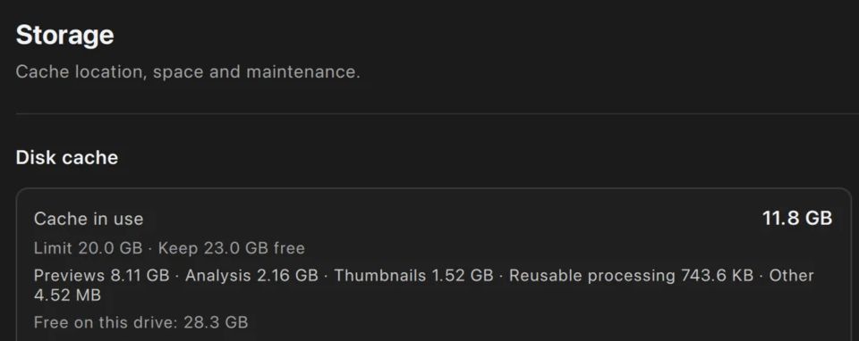 Storage capacity detail: Cache in use is rebuildable cache usage, Limit is its cap, and Keep … free is the free-space reserve. These are not source or project-bundle sizes.